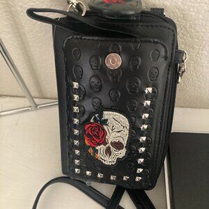 Skull Embroidery Phone Wallet with Strap